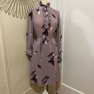 Vintage Prairie Purple Ruffle Leaf Print Pullover Button-up Mockneck Dress